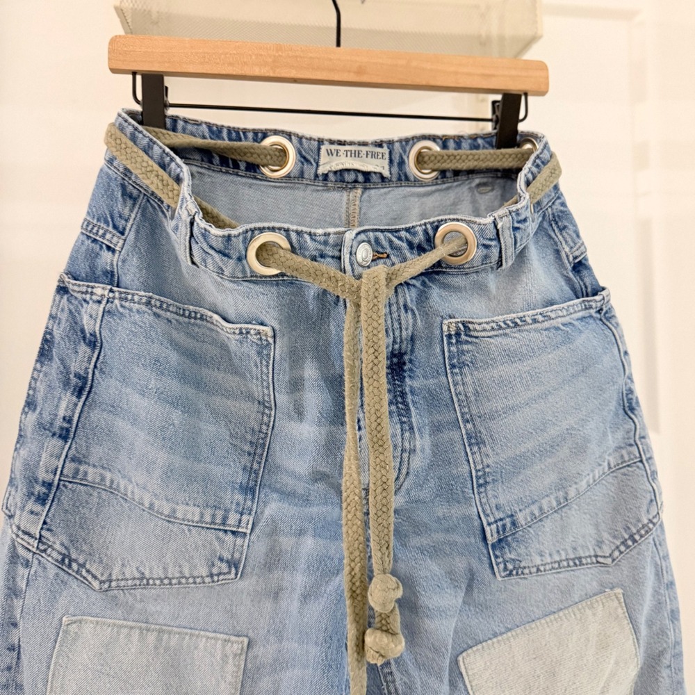 Free People We The Free Moxie Low Slung Barrel Jeans Blue Patchwork Rope Belt 27 - Picture 2 of 7